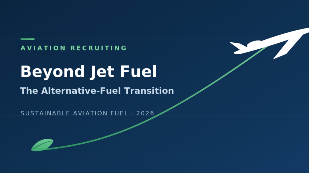 Business jet climbing above a green leaf and contrail — sustainable aviation fuel transition 2026